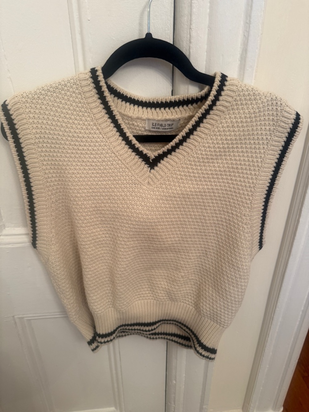Cream Knit V-Neck Sweater Vest with Black Trim